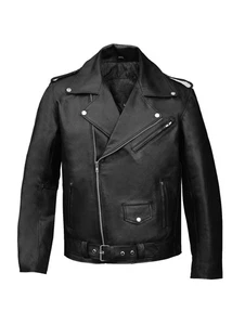 Men Brando Leather Jacket Motorcycle Black Cowhide Biker belted Jacket - Picture 1 of 8