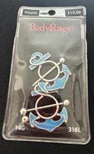NIP BodyRage Nipple 14G Blue Anchors w Silvertone Metal Piercngs - Picture 1 of 5