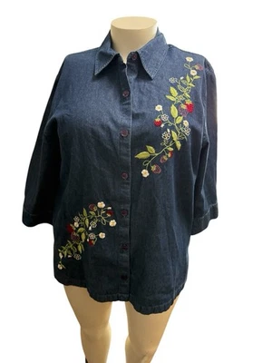 Camisa Top Denim Bechamel Algodón Botón Floral y Bayas Bordada Talla XL Foto 1 de 4