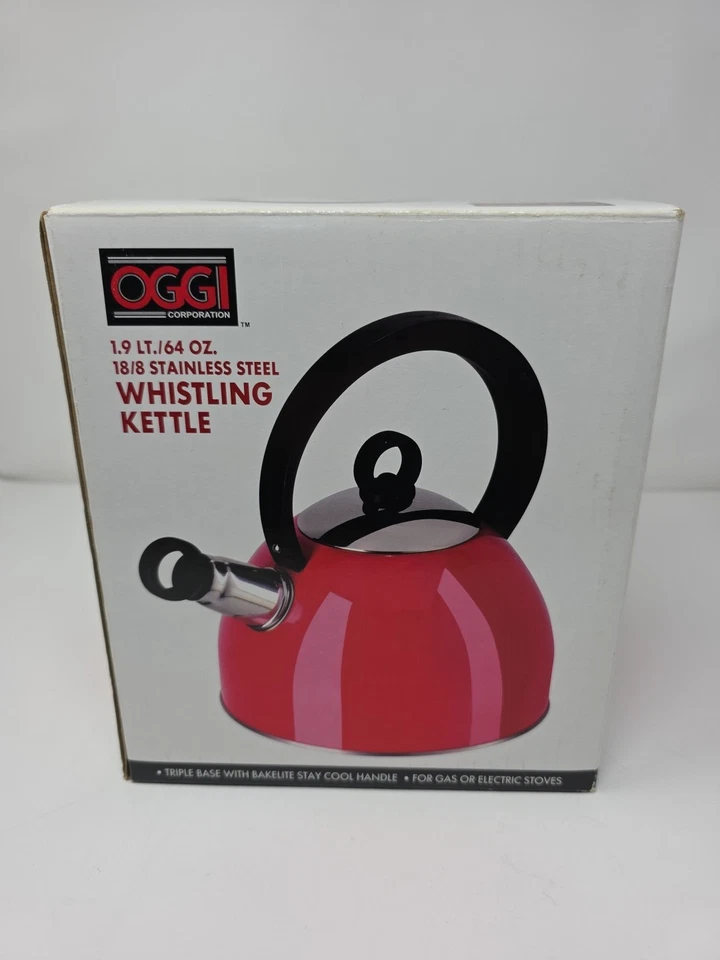 Свистящий чайник OGGI с бакелитовой ручкой из нержавеющей стали 1,9 литра/64 унции красный б/у один раз - Изображение 1 из 4