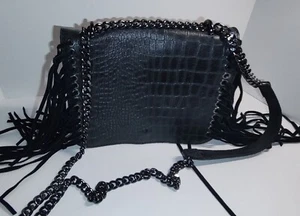 Borse In Pelle Genuine Leather Saddle Bag Purse Made In Italy Fringe Black - Picture 1 of 24