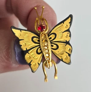 Vintage Damaszener Schmetterling orange rot Strass Pin 1-5/16" - Bild 1 von 4