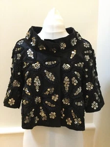 100% silk satin lined cropped sequinned jacket by Ann Louise Roswald size 8 - Picture 1 of 14