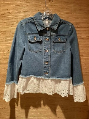 Girls Womens Blue Denim Trucker Jacket Shirt SMALL White Eyelet Western NWT - Image 1 of 4