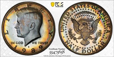 PR67+DCAM 1989-S 50C Kennedy Proof Half Dollar, PCGS Trueview- Rainbow Toned - Image 1 of 4