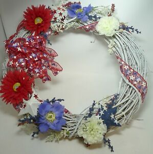 Red White Blue Grapevine White Wreath Stars Flowers Ribbon 20” Patriotic July 4