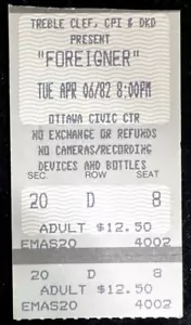 BIGLIETTO CONCERTO TOUR STRANIERO 1982 "4" STUB OTTAWA CANADA - Foto 1 di 1