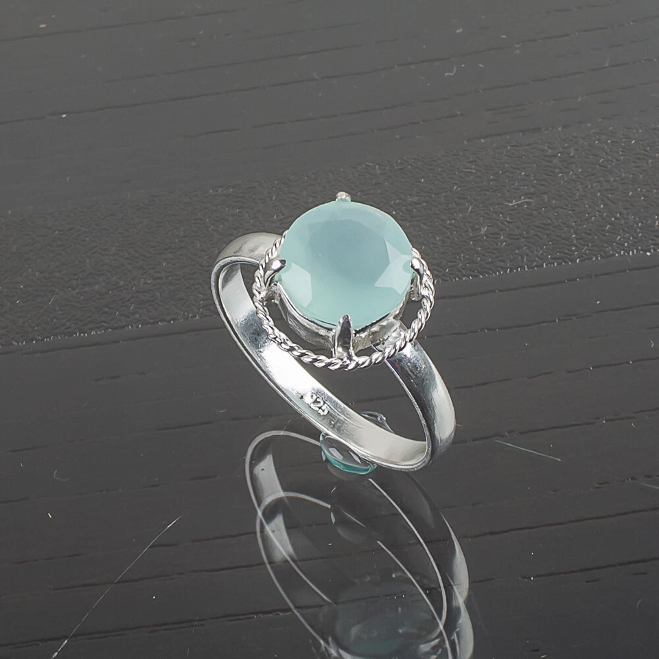 Anel feminino de pedra preciosa natural calcedônia aquática prata esterlina 925 fofo presente - Imagem 1 de 1