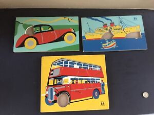 Vintage Wooden Jigsaw Puzzle Made By ABBATT Qty 3 SHIP BUS CAR