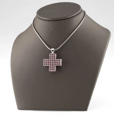 Colgante Cruz Incrustada Cristal Rosa Swarovski Chapado en Plata con Cadena de 15" Foto 1 de 3