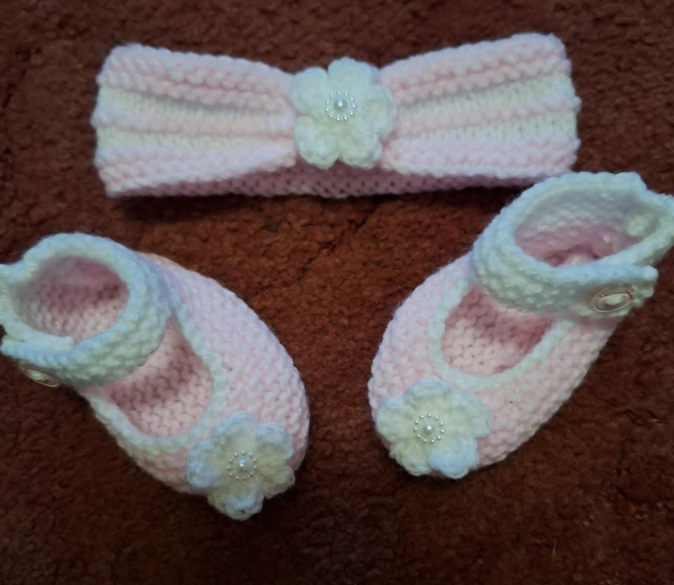 Handmade knitted Mary Jane Shoes And Headband Matching Set - Image 1 of 1