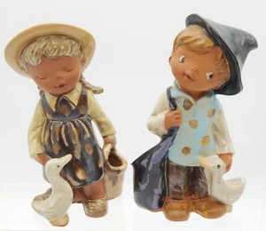 Terracotta Girl And Boy With Geese Figures (2) 16cm Made In Japan 1970s - Picture 1 of 24