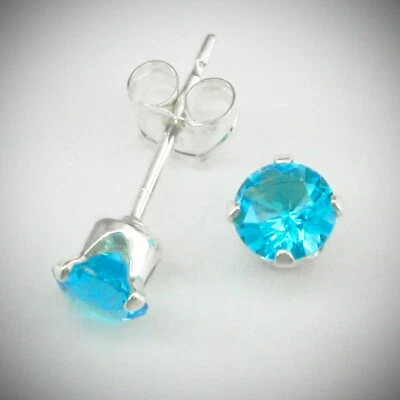 4mm Round CZ Zircon BLUE Post Stud Earrings in SOLID Sterling Silver - NEW! - Image 1 of 4