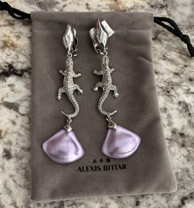 100% Authentic Alexis Bittar Purple Lucite, Crystal Lizard Clip On Earrings $395 - Picture 1 of 23