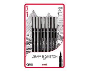Uni-ball Draw and Sketch 8 piece Uni-pin fineliner drawing pens, black