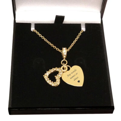 Personalised Necklace with Engraving, Two Heart Pendants & Crystals, Gold Plated - Image 1 of 4