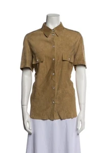 VTG Michael Kors Collection Italy Brown Leather Short Sleeve Button Up Top M - Picture 1 of 9