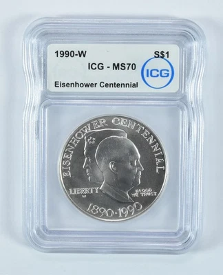 1990-W Eisenhower Commemorative Silver Dollar MS70 ICG *1018 - Image 1 of 4