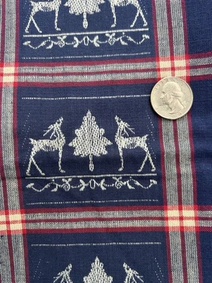 Vintage Christmas Homespun Cotton Fabric Check Deer Blue Red White 2 yards - Image 1 of 3