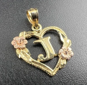 BEVERLY HILLS GOLD 14K TWO-TONE RG YG ROSE YELLOW GOLD "J" HEART CHARM PENDANT - Picture 1 of 6