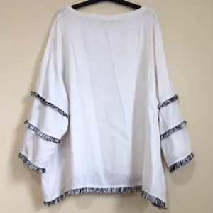 C&C California linen blend fringe 3/4 long sleeve Beach boho preppy white blouse - Picture 1 of 16