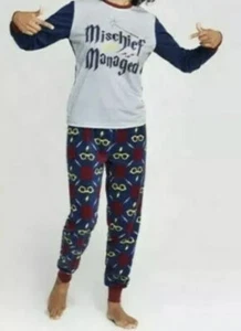 New Women's Harry Potter "Mischief Managed" Fleece Bottom Pajama Set Navy Sz S - Picture 1 of 4