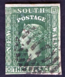 NSW Sc 34 3d Green Queen Victoria Watermark Double Line Numeral Used F 1856 - Picture 1 of 2