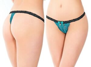 Scalloped Stretch Teal/Black Lace G-string W/Lace Trim Waistband & Bow, Thong