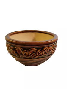Vintage Pottery Planter Pot Brown Embossed Roses Glazed 8" Round - Picture 1 of 8