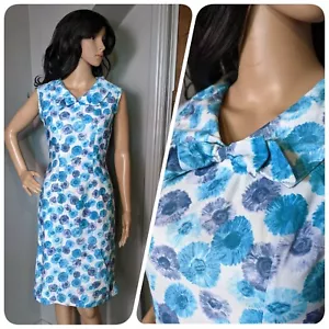 Vintage 60s Floral Daisy Bow Cotton Tunic Shift Dress Mod Mad Men 50s 8 10 36 - Picture 1 of 7