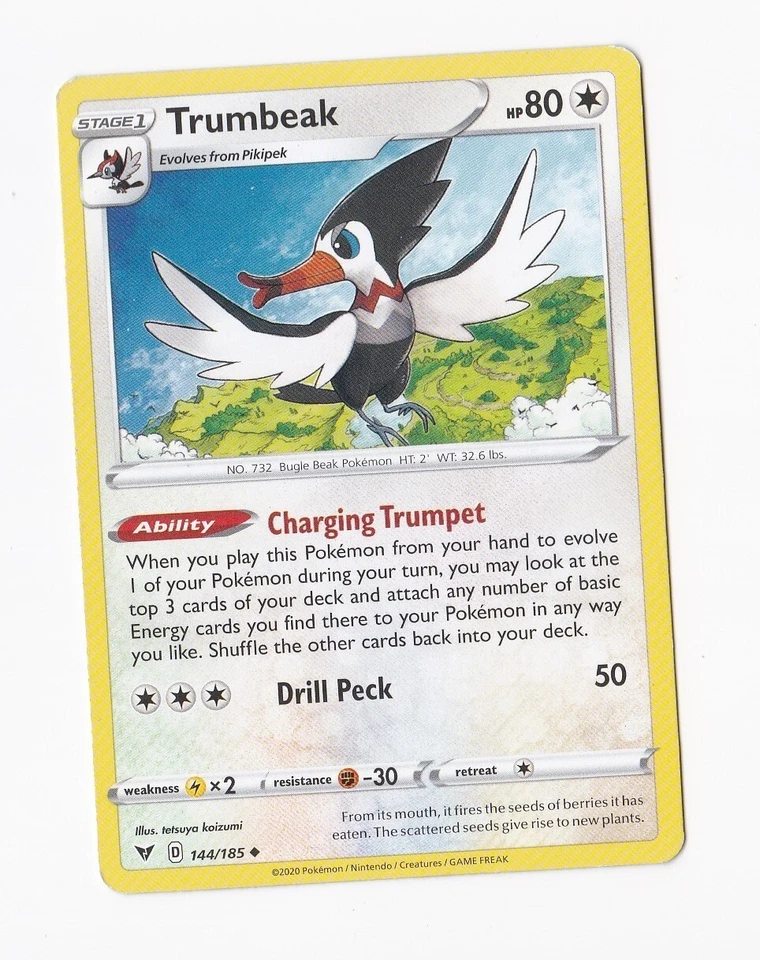 2020 Pokémon Stage 1 TRUMBEAK HP 80 144/185 Evolves from Pikipek - Image 1 of 1