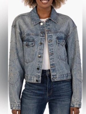 KUT from the Kloth Dolly Rhinestone Crop Denim Jacket in Fanciful Sz Medium NWT - Image 1 of 4