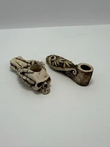 Skeleton Hands Holding Skull / Marijuanna Leaf Tobacco Smoking Pipes Set of 2 - Picture 1 of 10