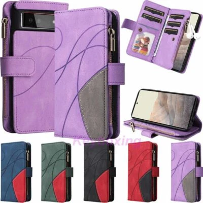 For Google Pixel 8 7 7A 6 Pro Zipper Wallet Card Holder Flip Leather Case Cover - Image 1 of 4