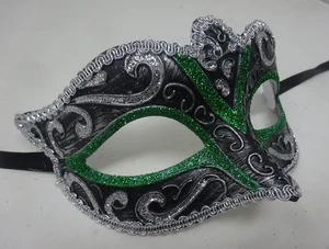 BLACK GREEN & SILVER BRAID VENETIAN MASQUERADE PARTY CARNIVAL BALL PROM EYE MASK - Picture 1 of 5