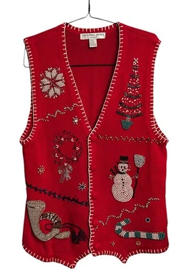 VTG Victoria Jones Christmas Sweater Vest 1X XL Red Beaded Snowman Tree Horn - Image 1 of 4