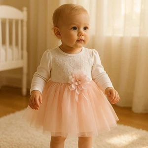 Taufkleid Prinzessin Kleid, Partykleid, Spitze, Tüll, 100% Baumwolle, Weiß-Rosa - Bild 1 von 2