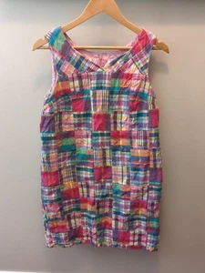 10P Talbots Madras Pink Dress Barbiecore Plaid Mini Shift Patchwork Cotton - Picture 1 of 7