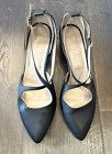 AGL D'Orsay Black Leather Block Heel W Silver Cross Over Ankle Strap 41 10.5 11