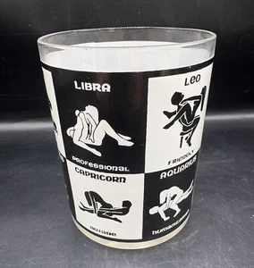 MID CENTURY MOD COCKTAIL BARWARE GLASS - HOROSCOPE- SEX POSITIONS 4" TALL - Picture 1 of 3