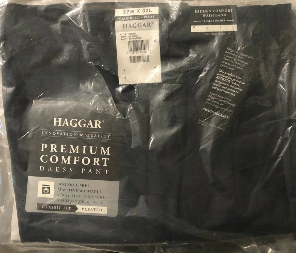 Haggar Men's Blue Solid Pleated Stretch Classic-Fit Dress Pants Size 32W 32L