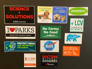 12 progressive liberale Aufkleber Aufkleber Tierrechte Hunger Wissenschaftsparks Lot #2 - Bild 1 von 5