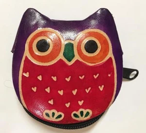 Shantiniketan Hippie Bohemian India Painted Leather Owl Coin Purse Purple - Picture 1 of 1