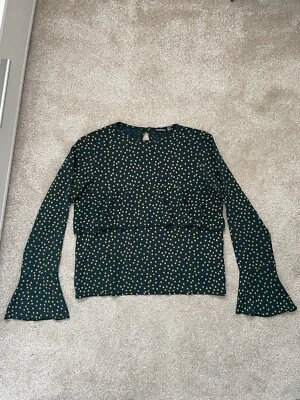 Boohoo Green Yellow blouse polka Dot Bell Sleeves ruffles 10 - Image 1 of 4