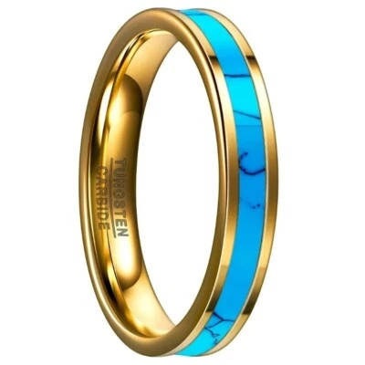 Anillo de carburo de tungsteno chapado en oro con incrustaciones de piedra turquesa 4 mm para hombres y mujeres Foto 1 de 3
