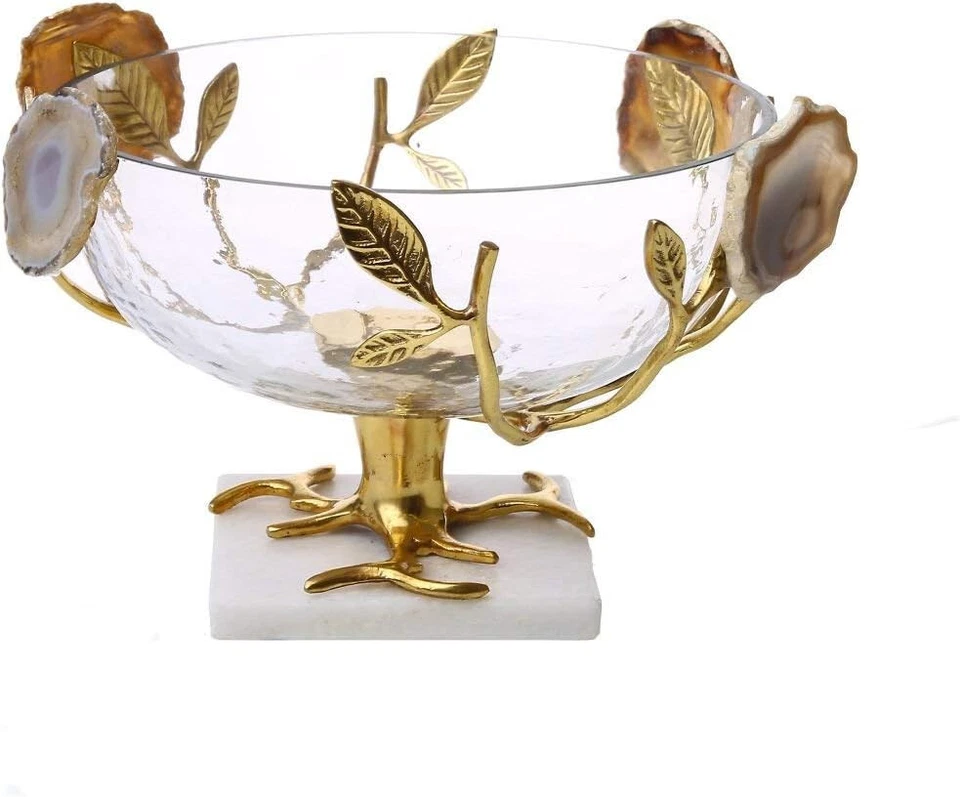 Ensaladera de vidrio clásica con decoración táctil de 8,25'X15' con diseño de piedra de ágata y hoja de oro Foto 1 de 1