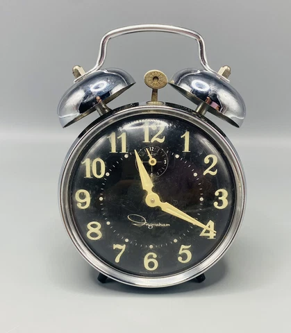 Vintage  Ingraham Twin Bell Nightstand Alarm Clock Silver Frame Black Clock Face Cover