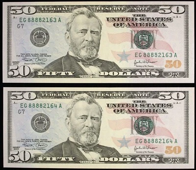 2004 2-$50  Federal Reserve Note ☆☆ Quad "8's" ☆☆ Consecutive Numbers - Image 1 of 2