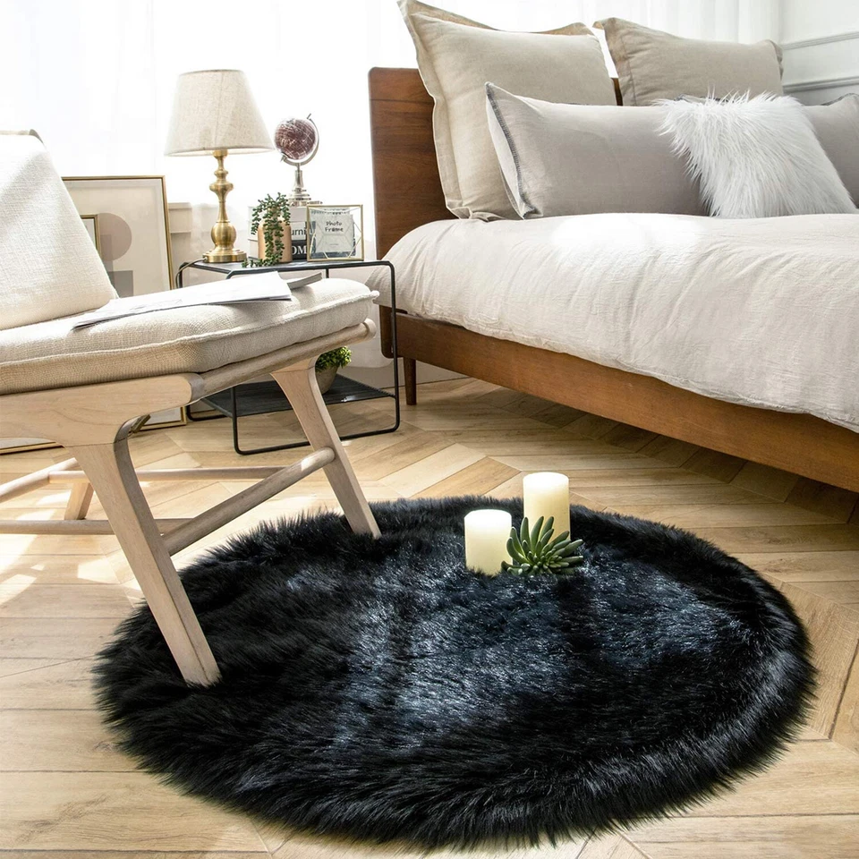 Faux Fur Sheepskin Fluffy Area Rugs Round Shaggy Carpet For Bedroom Living room - Image 1 of 4