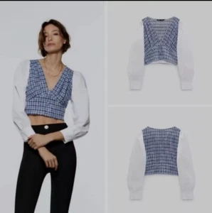 Zara Contrast Textured Crop Top V Neck Size M RRP £29.99 - Picture 1 of 9